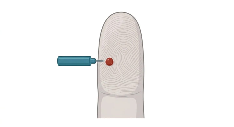 Fingertupp sett rett forfra med fingerputen mot betrakteren. En lansett settes an mot den laterale delen av pulpa, ved siden av midten av fingerputen, og en liten bloddråpe har dannet seg på samme sted.