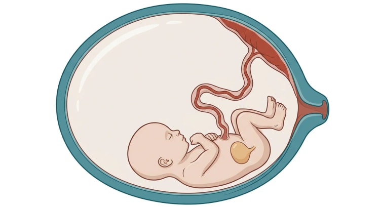 Sagittal illustrasjon av en kraftig utspilt livmor der et lite foster ligger i nedre del omgitt av en svært stor fostervannsmengde, med morkaken i øvre vegg og en rund, fylt urinblære i fosterets nedre buk.