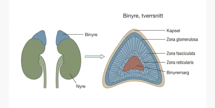 Binyrene som kileformede organer oppå nyrenes øvre poler, samt et tverrsnitt gjennom binyren med kapsel, tre barksoner og en sentral marg.