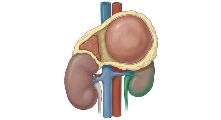 Tegnet frontalbilde av retroperitoneum med en stor avrundet tumor i venstre binyrelosje, omsluttet av gulaktig fett over nyrens øvre pol. Vena cava inferior og aorta løper vertikalt medialt for tumoren, og en liten normal binyre ses over høyre nyre.