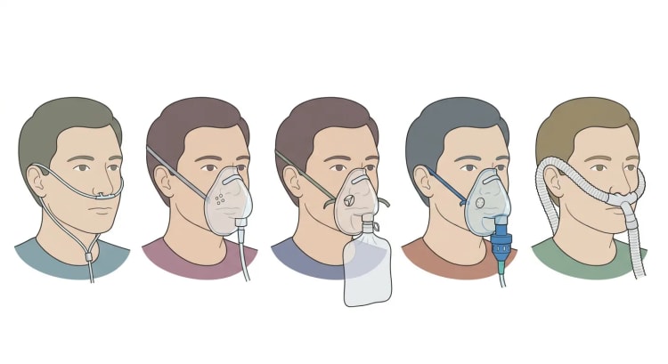 Fem portretter av samme pasient med ulike oksygensystemer: nesebrille, enkel ansiktsmaske, maske med reservoarpose, venturimaske med fargekodet ventil og high-flow-nesebrille med vide nesegrener og grov slange.