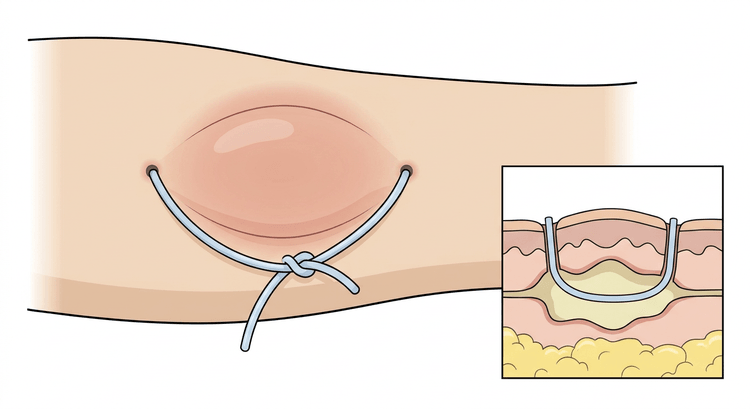 Hud på underarm med to små incisjoner i hver ende av en abscess og en myk slynge som løper under huden og er knyttet løst på overflaten