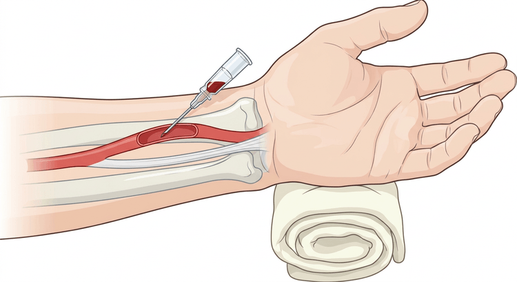 Håndledd sett fra håndflatesiden med a. radialis og et arteriekateter innført i flat vinkel
