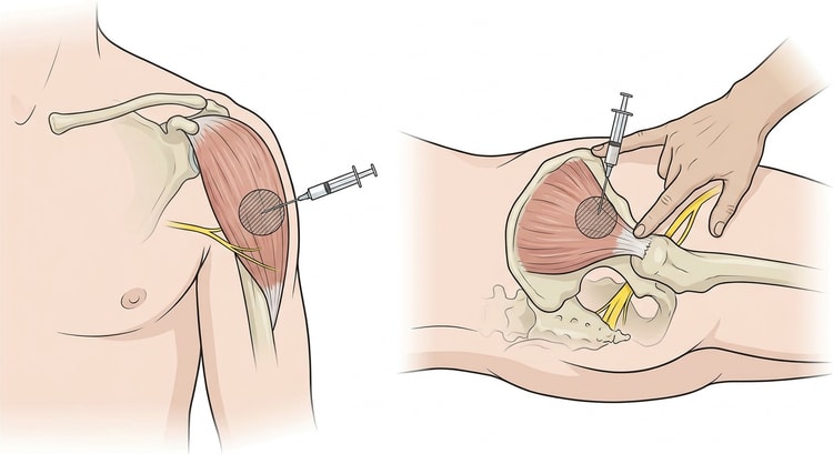 To paneler: skulder forfra med deltoideusmuskelen og injeksjonsstedet, samt hofte i sideleie der undersøkerens hånd danner en trekant over gluteus medius