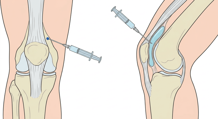 Kneledd forfra med innstikkstedet ved patellas øvre laterale hjørne, og sagittalsnitt med nålespissen i den væskefylte recessen ovenfor kneskålen
