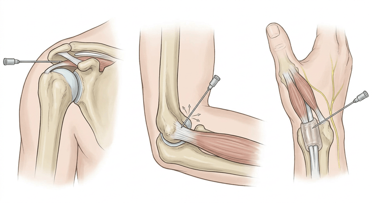 Tre paneler som viser kanylens leie ved subakromial injeksjon, ved lateral epikondylitt og ved de Quervains tenosynovitt