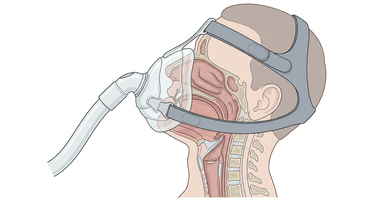 Sagittalsnitt gjennom hode og hals med en tettsluttende orofacial NIV-maske over nese og munn, holdt på plass av hodebånd, og de øvre luftveiene synlige i gjennomskjæring