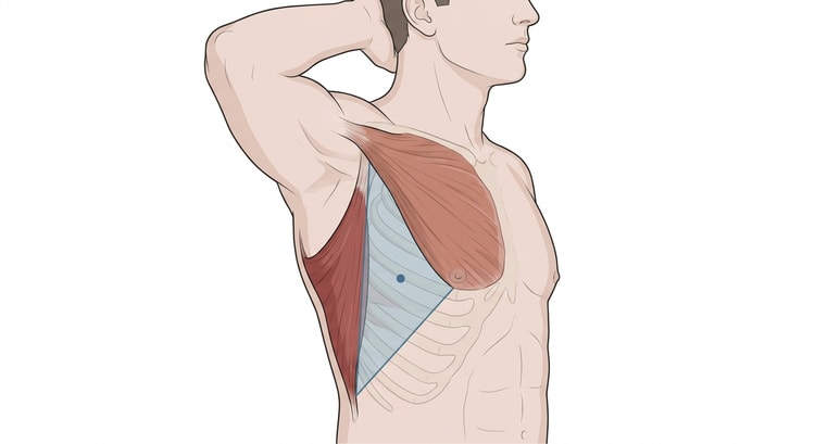 Lateralt bilde av en pasients brystkasse med armen bak hodet, der et triangulært område på den laterale brystveggen er markert mellom brystmuskelen fortil og latissimusmuskelen baktil