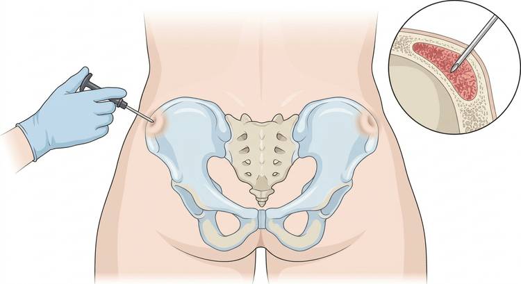 Bäckenet sett bakifrån genom huden, med benmärgsnålen placerad över spina iliaca posterior superior och en förstoring som visar nålspetsen i märghålan mellan benets båda kortikalisplattor