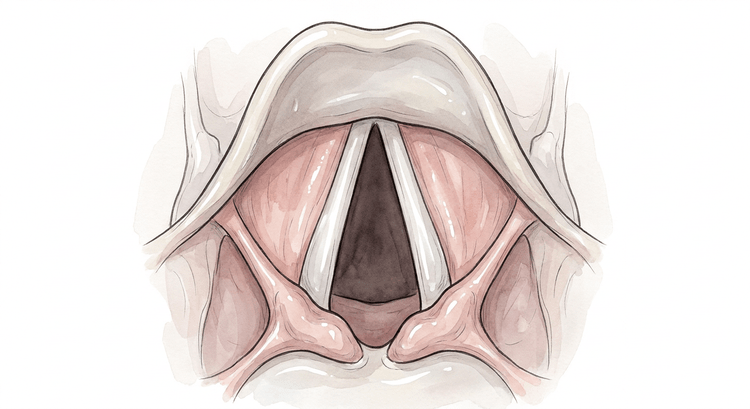 Laryngoskopisk vy av larynxingången med epiglottis upptill, de vita stämbanden kring den triangulära glottisöppningen och arytenoidbrosken nedtill