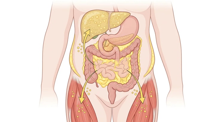Gjennomsiktig torso forfra med fettinfiltrert lever, rikelig visceralt fett rundt tarmene og fettdråper i lårmuskulaturen, med piler fra bukfettet til leveren og musklene.