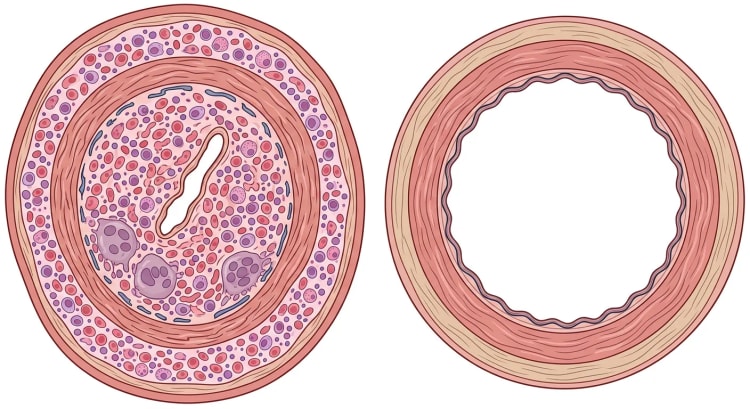 Tverrsnitt av en inflammert tinningarterie med kraftig fortykket vegg, inflammatoriske celler og kjempeceller og kraftig innsnevret lumen, ved siden av en normal arterie med tynn vegg og vidåpent lumen.