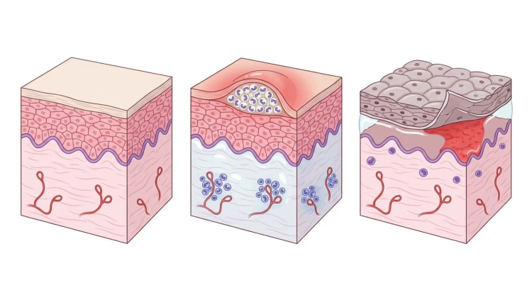 Tre hudblokker i gjennomskjæring: normal hud, en subkorneal pustel med nøytrofiler og ødematøs dermis, samt nekrotisk epidermis som har løsnet fra dermis.