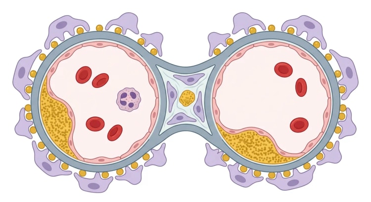 Skjematisk tverrsnittsbilde av to glomeruluskapillærer og mesangiet med gule immunkompleksavleiringer i mesangiet, mellom endotel og basalmembran samt på basalmembranens utside.