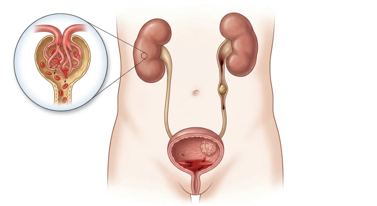 Urinveiene forfra med begge nyrene, ureterne og en åpnet urinblære. En forstørrelse viser en glomerulus som lekker erytrocytter, et konkrement sitter i den ene ureteren, og en papillær tumor med blod og koagler ses i urinblæren.