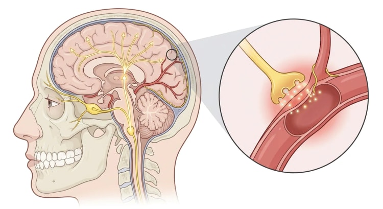 Hode i sidevisning med trigeminusgangliet, smertebanen fra hjernestammen og øvre halsryggmarg til thalamus og hjernebarken, samt forstørrelse av en nerveende som frisetter CGRP mot et dilatert kar.
