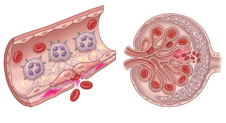 Illustrasjon av et lite blodkar der ANCA-bundne nøytrofile skader endotelet, og ved siden av en glomerulus med segmentell nekrose og halvmånedannelse.
