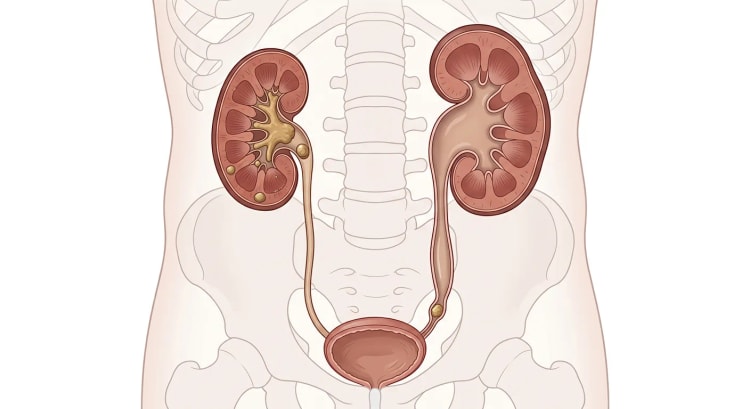 Urinveiene forfra med en nyre som inneholder korallstein og steiner i nyrekalkene, og en nyre med hydronefrose og utvidet ureter ovenfor en distal ureterstein.