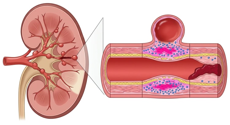 Nyre i snitt med perlekjedeliknende mikroaneurismer på arteriegrenene, en okkludert gren og et kileformet infarkt, samt et forstørret lengdesnitt av en middels stor arterie med normalt segment, inflammert segment med aneurisme og segment med trombose.
