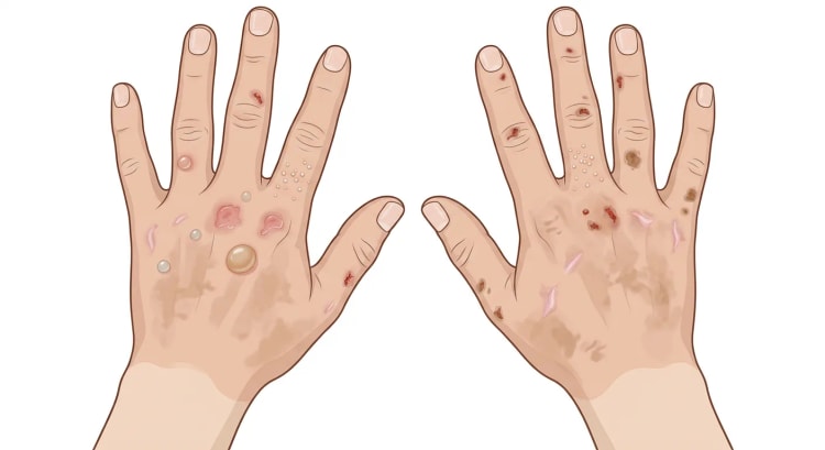 Begge håndryggene med blærer, erosjoner, skorper, milier, arr og flekkvis hyperpigmentering ved porphyria cutanea tarda.
