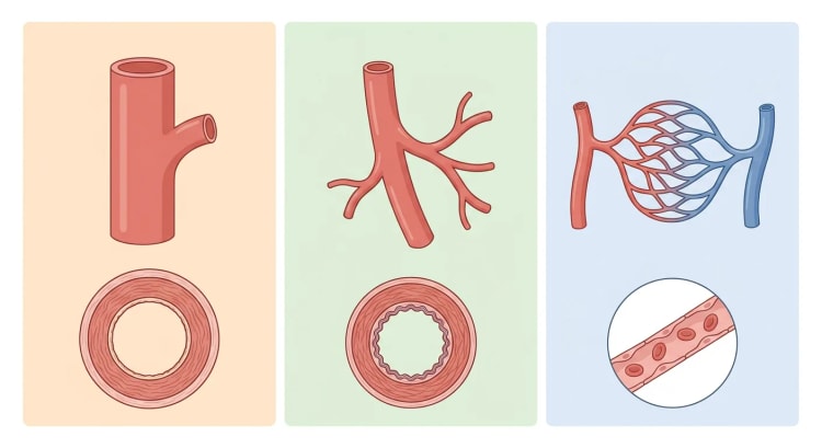 Tre paneler med kar av avtagende størrelse: aorta med avgående gren, middels stor muskulær arterie med forgreninger og et kapillærnett mellom arteriole og venule, hver med et tverrsnitt av karveggen.