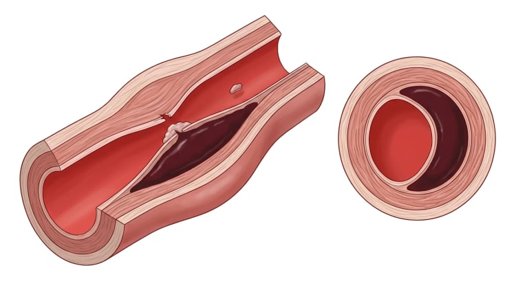 Arterie i lengdesnitt og tverrsnitt med intimaskade, intramuralt hematom i karveggen, innsnevret lumen, trombe ved intimaskaden og en embolus nedstrøms.