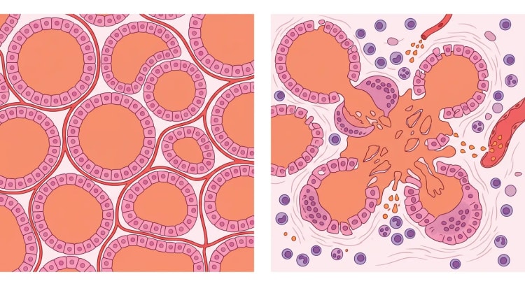 Skjematisk histologisk sammenligning mellom normalt tyreoideavev og tyreoideavev ved subakutt granulomatøs tyreoiditt.