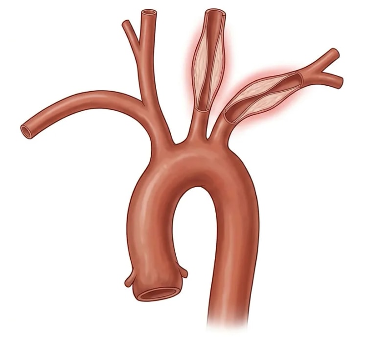 Aortabuen med truncus brachiocephalicus, venstre arteria carotis communis og venstre arteria subclavia, der de to venstre grenene har fortykket, inflammert vegg og innsnevret lumen.