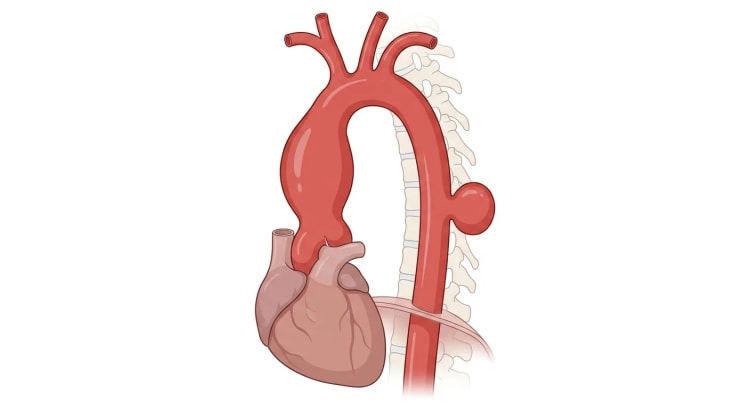 Den torakale aorta sett fra venstre med fusiformt aneurisme i aorta ascendens og sakkulært aneurisme i aorta descendens.