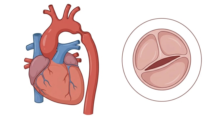 Hjertet og torakale aorta forfra med utvidet aorta ascendens og en innsnøring av aorta descendens like etter venstre arteria subclavia. Ved siden av ses en bikuspid aortaklaff ovenfra.