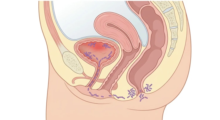 Sagittalsnitt av kvinnelig bekken med tarmbakterier som vandrer fra anus over perineum til uretraåpningen og opp i en inflammert urinblære.