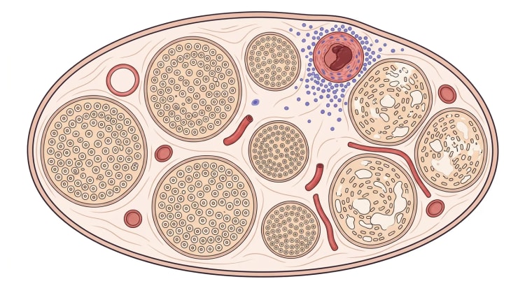 Tverrsnitt av en perifer nerve med en inflammert, trombosert epineural arterie og iskemisk skadde nervefascikler inntil, mens fasciklene på motsatt side er friske.