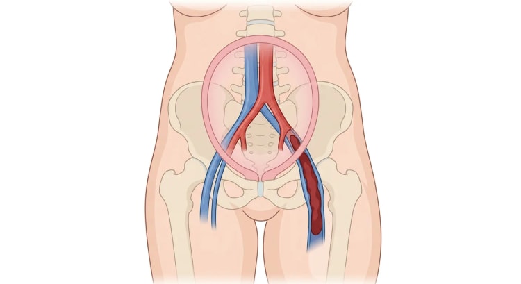 Gravid livmor forfra som ligger over vena cava inferior, aorta og bekkenkarene, med en lang trombe i venstre v. iliaca externa og v. femoralis.