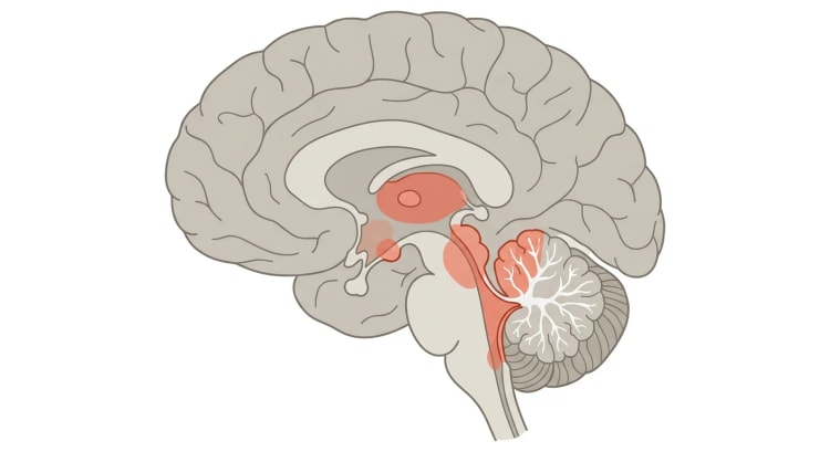 Midtsnitt gjennom hjernen der mediale thalamus, corpora mamillaria, området rundt akvedukten, bunnen av fjerde ventrikkel og cerebellare vermis er markert i rødt.