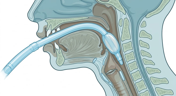 Sagittalsnitt genom huvud och hals med larynxmask pÄ plats, dÀr kuffen ligger i hypofarynx och maskens öppning Àr riktad mot larynxingÄngen