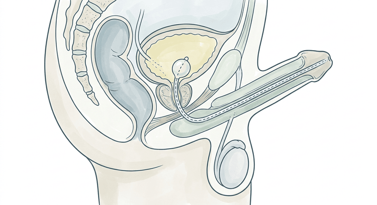 Sagittalsnitt genom manligt bÀcken med kateterns vÀg genom penisuretra, bulbÀra uretra och prostata in i urinblÄsan