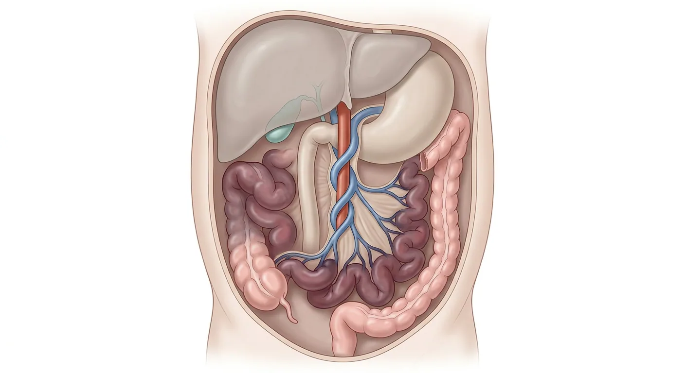 Illustrasjon av en åpnet barneabdomen forfra. Duodenum går nedover til høyre for midtlinjen, den øvre mesenterialvenen er viklet i en spiral rundt arterien og tynntarmen er mørkt blårød, mens lever, magesekk og tykktarm har normal farge.