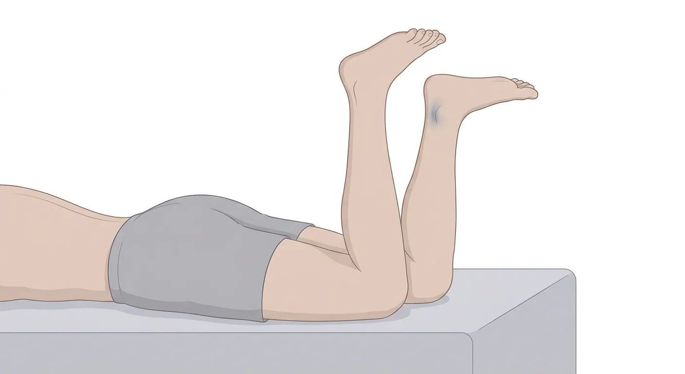 Tegnet sidebilde av en pasient i mageleie med begge knær bøyd i rett vinkel og leggene rettet oppover. Den fremre foten er plantarflektert, mens den bakre foten, med et blåmerke over hælen, står i nøytralstilling, forenlig med akillesseneruptur på den siden.