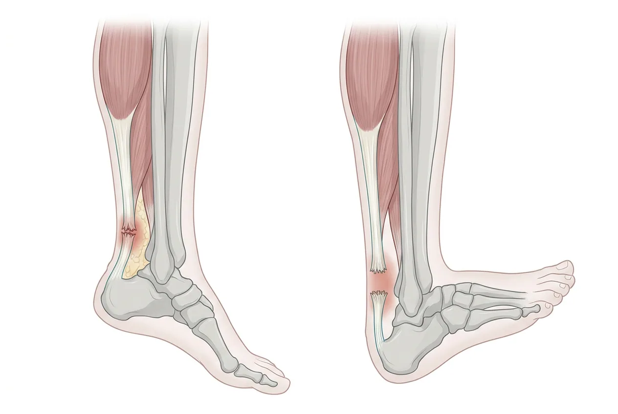 To sidebilder av samme legg med komplett akillesseneruptur noen centimeter over calcaneus. I plantarfleksjon ligger de frynsete seneendene mot hverandre, og i dorsalfleksjon skilles de av en tydelig spalte med hematom.