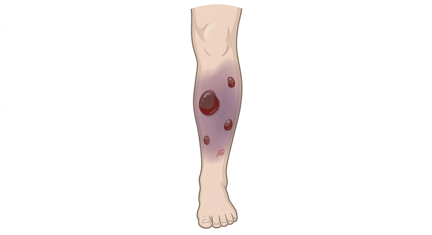 Legg sett forfra med et bredt, uskarpt avgrenset violaceøst og hovent hudparti over skinneben og leggmuskel. Innenfor området ligger fire spente blemmer med mørkt blodig innhold, en stor over skinnebenet og tre mindre, og i områdets nedre kant ses en liten overfladisk hudskade. Kne, ankel og fot har normal hudfarge.