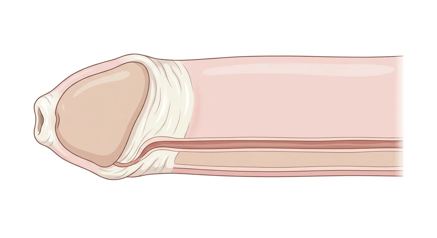 Den ytre delen av en penis, tegnet gjennomskåret på langs, der den ytterste delen av forhuden er hvit, fortykket og stram rundt en trang åpning. Glans ligger innenfor den hvite forhuden, og huden lenger bak på skaftet har normal farge.