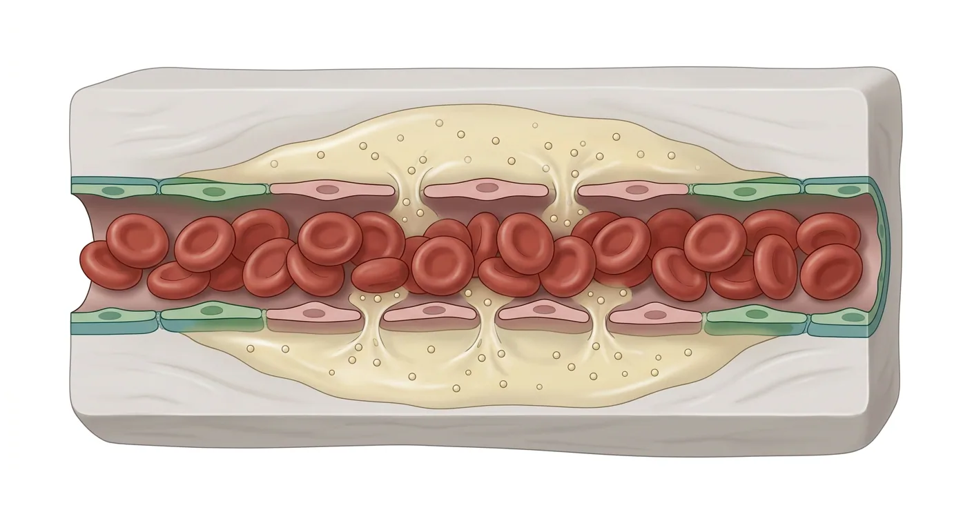 Illustrasjon av en kapillar i lengdesnitt der plasma lekker ut gjennom utvidede forbindelser mellom endotelcellene til det omliggende vevet, mens erytrocyttene blir tilbake i karet.