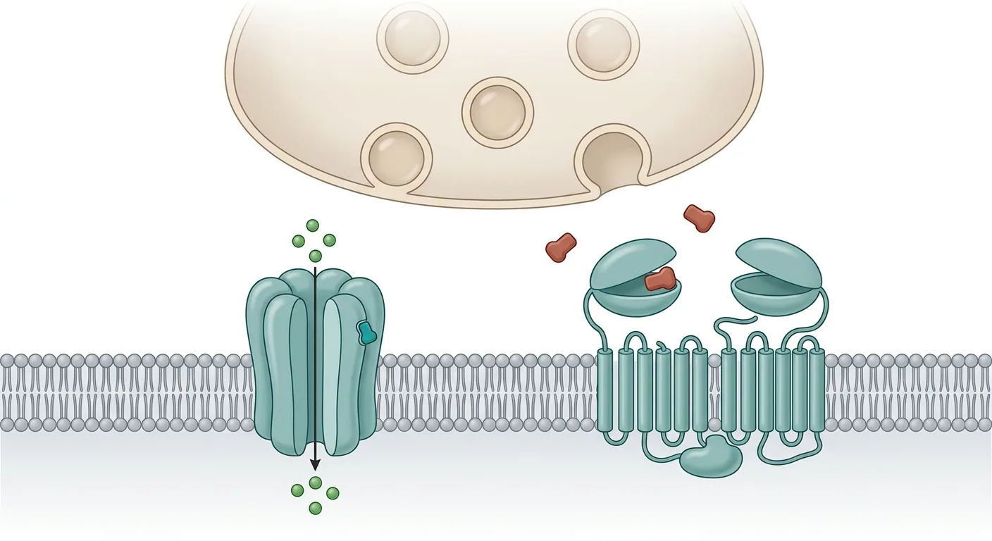 Gjennomskåret synapse der den postsynaptiske membranen bærer en kloridkanal av fem subenheter til venstre og en G-proteinkoblet reseptor av to subenheter til høyre. Rødbrune molekyler i synapsespalten binder seg i den høyre reseptorens klaffliknende ekstracellulære domene.