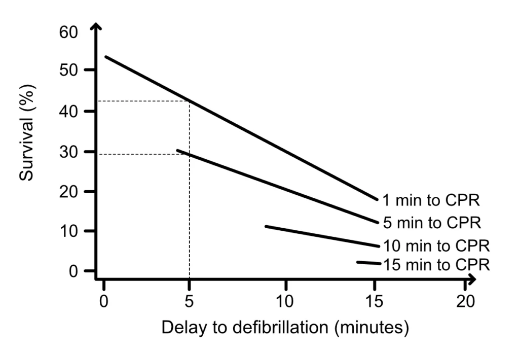 Association between time to CPR and likelihood of successful defibrillation.